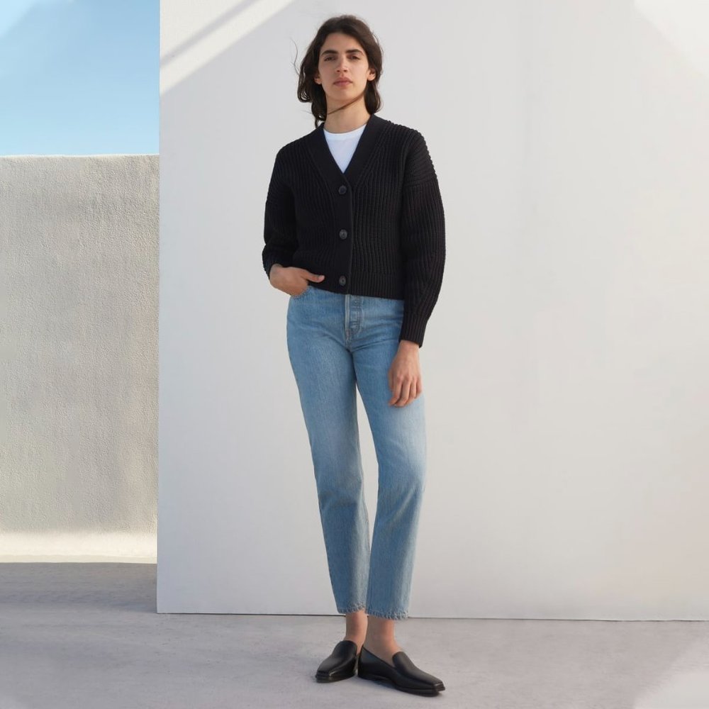 Everlane texture cotton crop cardigan (black)